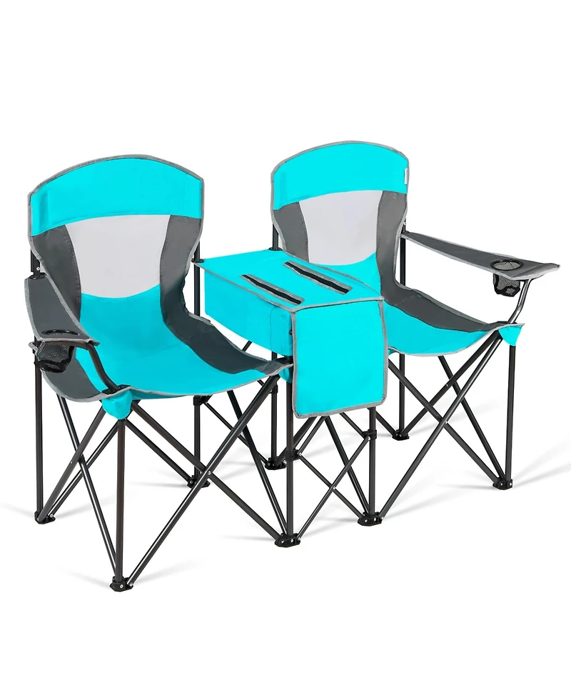 Gymax Folding 2-person Camping Chairs Double Sunshade Chairs with Canopy Patented