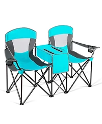 Gymax Folding 2-person Camping Chairs Double Sunshade Chairs with Canopy Patented