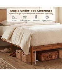 Sugift Full Size Acacia Wood Platform Bed with Woven Rattan Headboard and Slats