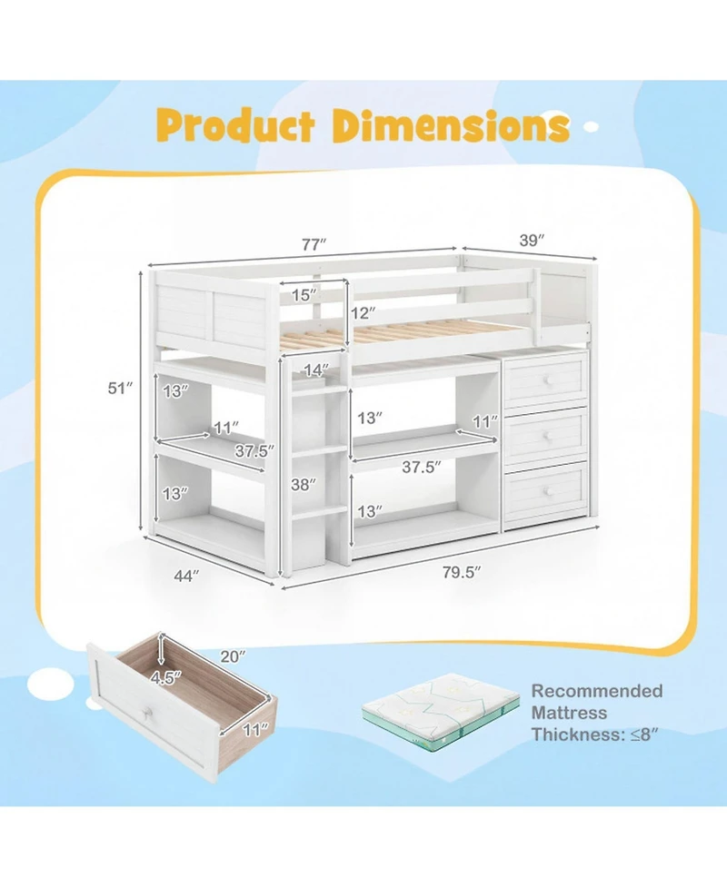 Sugift Twin Size Wooden Loft Bed with Led Lights Storage Shelves and Drawers