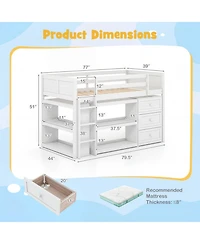 Sugift Twin Size Wooden Loft Bed with Led Lights Storage Shelves and Drawers