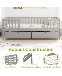 Sugift Full Size Wooden Daybed with Fence Guardrails and 2 Storage Drawers
