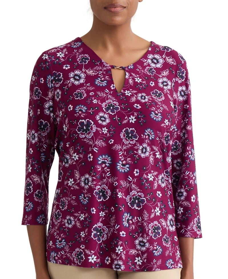 Jones New York Plus Kissing Trim Top Printed Floral-Print V-Neck 3/4-Sleeve Blouse