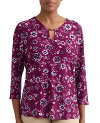 Jones New York Plus Kissing Trim Top Printed Floral-Print V-Neck 3/4-Sleeve Blouse