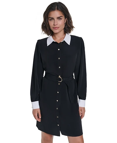 Karl Lagerfeld Paris Women's Belted Contrast-Collar Shirtdress
