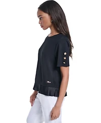 Karl Lagerfeld Paris Women's Crewneck Short-Sleeve Pleated-Hem Blouse