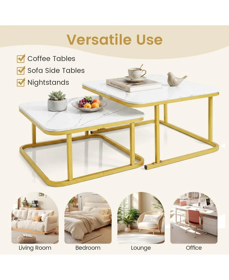 Sugift Nesting Coffee Table Set of 2 with Faux Marble Tops and Metal Frame