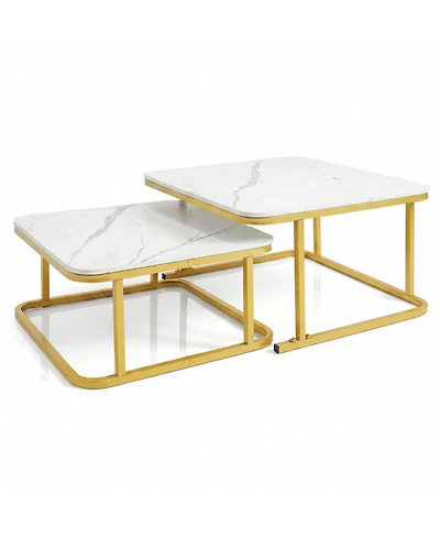 Sugift Nesting Coffee Table Set of 2 with Faux Marble Tops and Metal Frame