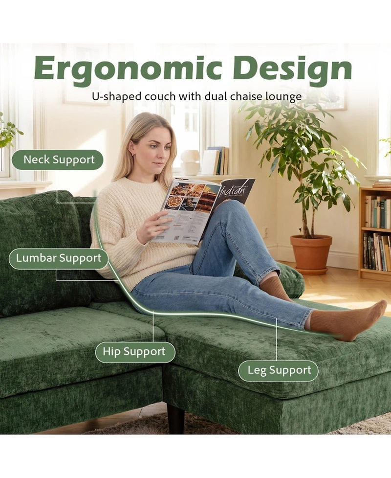 Sugift U-Shaped Sectional Sofa Couch with Double Chaise and 4 Lumbar Pillows for Living Room