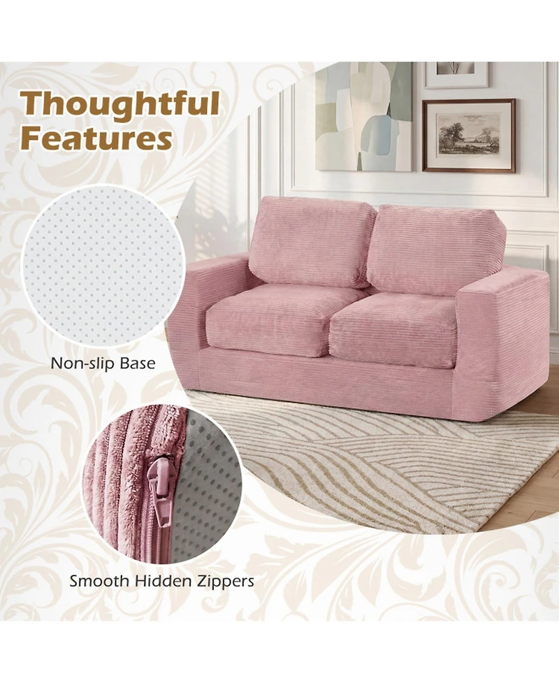 Sugift 2-Seater Floor Couch Loveseat Foam Sofa with Removable Washable Corduroy Cover