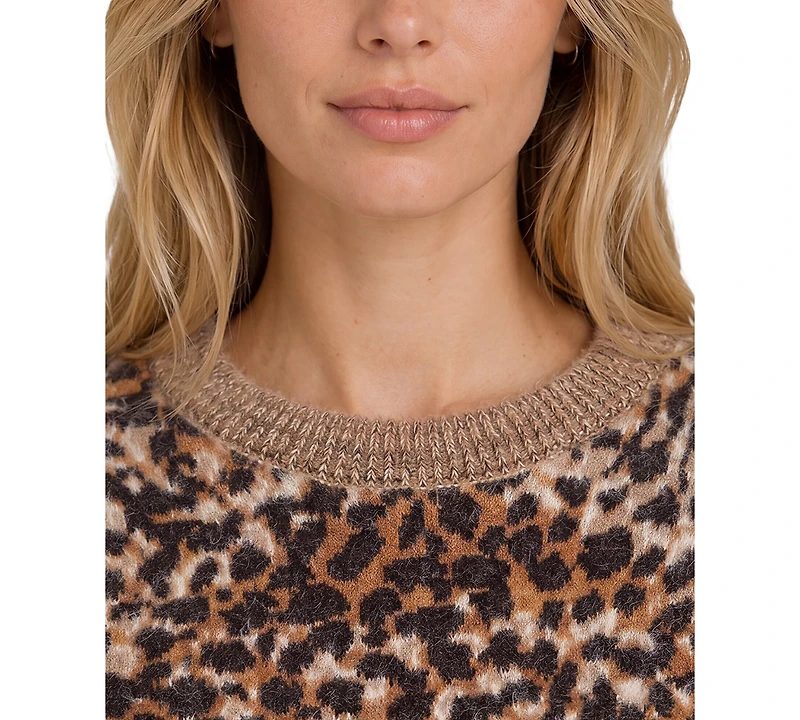 Liverpool Los Angeles Petite Leopard-Print Long-Sleeve Crewneck Sweater