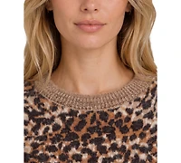 Liverpool Los Angeles Petite Leopard-Print Long-Sleeve Crewneck Sweater