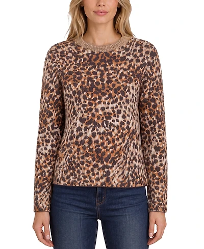 Liverpool Los Angeles Petite Leopard-Print Long-Sleeve Crewneck Sweater