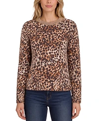 Liverpool Los Angeles Petite Leopard-Print Long-Sleeve Crewneck Sweater