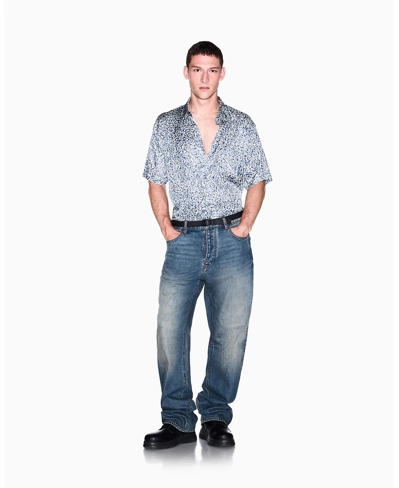 A|X Armani Exchange Men's Short Sleeve All-Over Logo Woven Button-Down Shirt