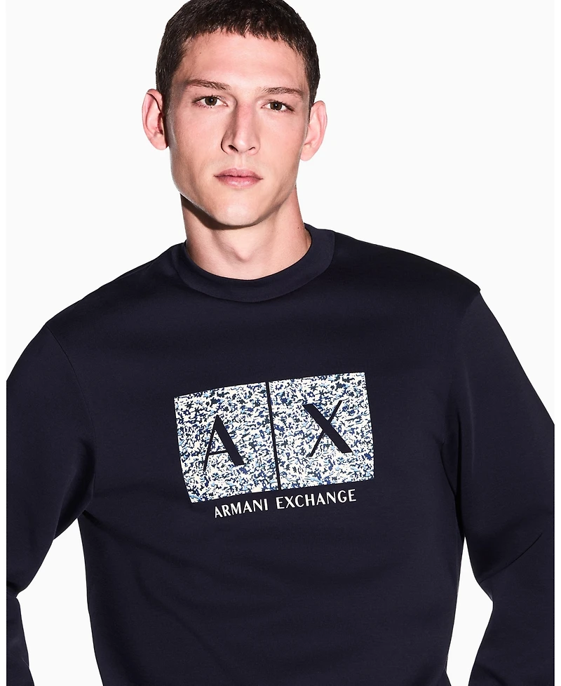 A|X Armani Exchange Men's Long Sleeve All-Over Logo Bonded Cotton Crewneck Sweatshirt