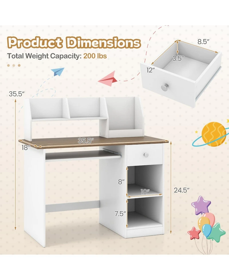 Sugift Kids Study Desk with Hutch Shelves and Keyboard Tray Drawer