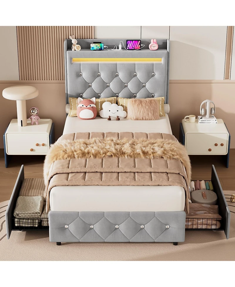homfan Upholstered Led Bed Frame, Storage Headboard, Charging Station and 2 Drawers, Velvet Princess Platform for Kids, Support