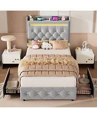 homfan Upholstered Led Bed Frame, Storage Headboard, Charging Station and 2 Drawers, Velvet Princess Platform for Kids, Support