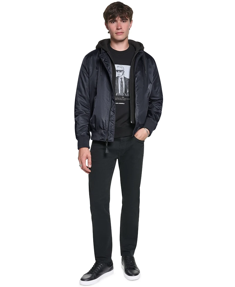 Karl Lagerfeld Paris Men's Embroidered Signature Hooded Bomber