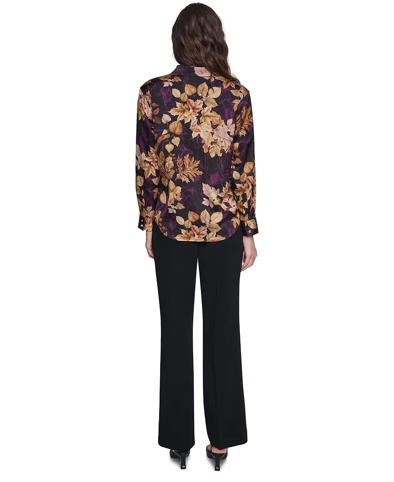 Karl Lagerfeld Paris Petite Gold Floral Printed Long-Sleeve Satin Blouse