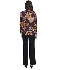 Karl Lagerfeld Paris Petite Gold Floral Printed Long-Sleeve Satin Blouse