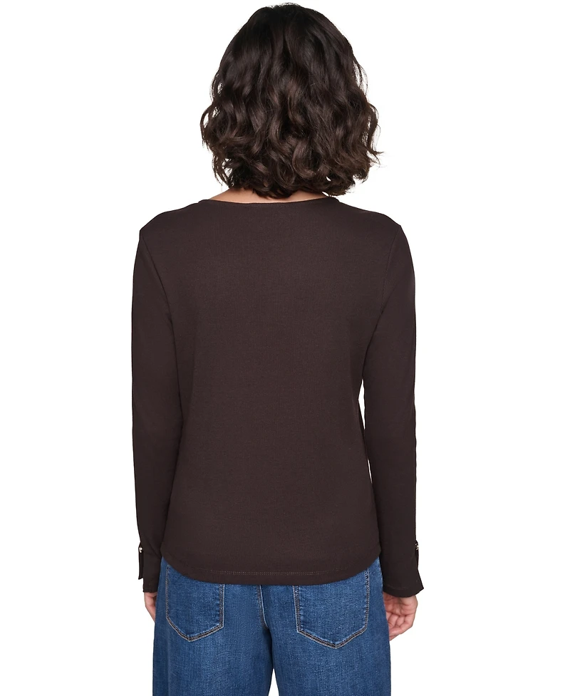 Karl Lagerfeld Paris Petite Ribbed Long-Sleeve Button-Detail Knit Top