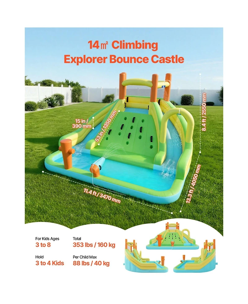 Hikeen Inflatable Bounce House, 13.3 x 11.4 x 8.4 ft Water Slide, Bouncer Castle with Climbing Wall, Double Tall Slides, Splash Pool