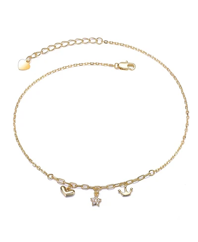 14K Gold Plated with Clear Cubic Zirconia Heart, Star, & Crown Charm Anklet