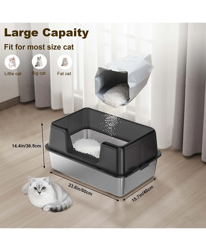 homfan Stainless Steel Litter Box, Extra Large, High Sides, Removable Tray, Non-Slip Mat, Scooper Included, Ideal for Large Cats and Maine Coons