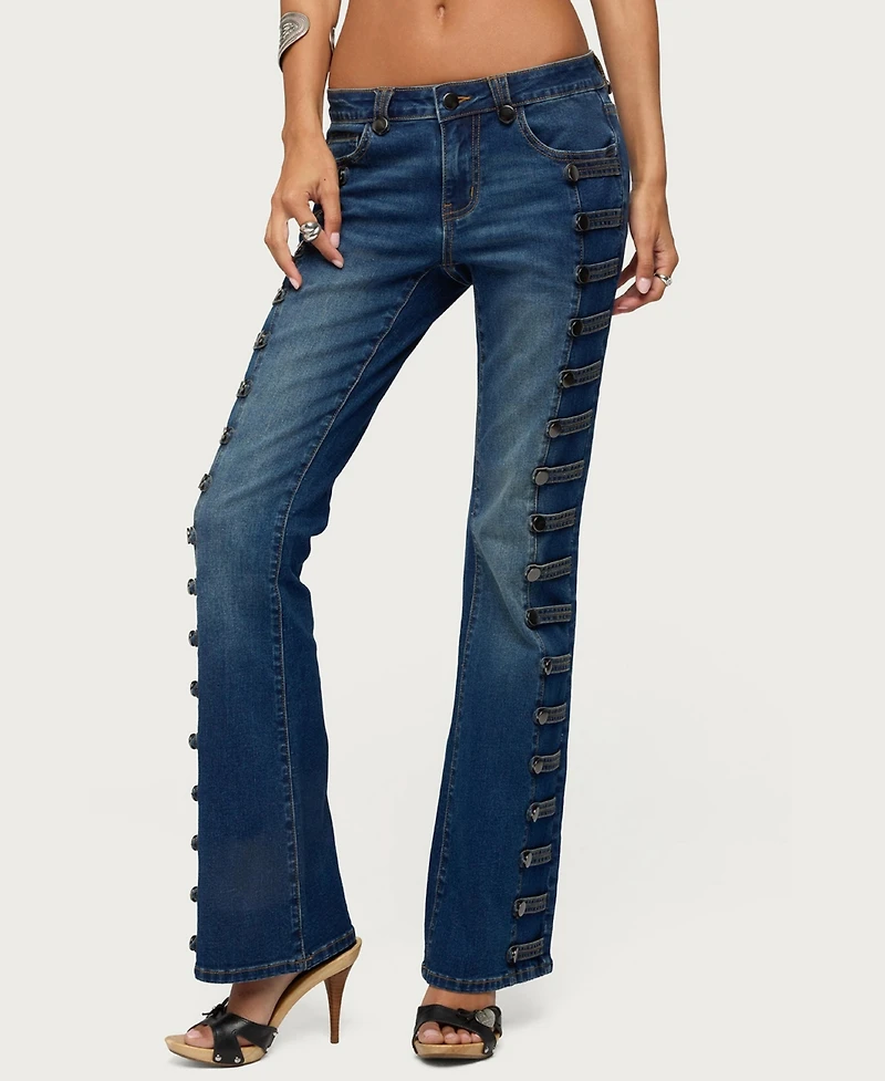 Edikted Women's Button Loop Low Rise Bootcut Jeans