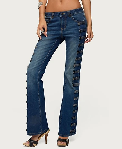 Edikted Women's Button Loop Low Rise Bootcut Jeans