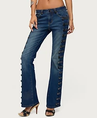 Edikted Women's Button Loop Low Rise Bootcut Jeans