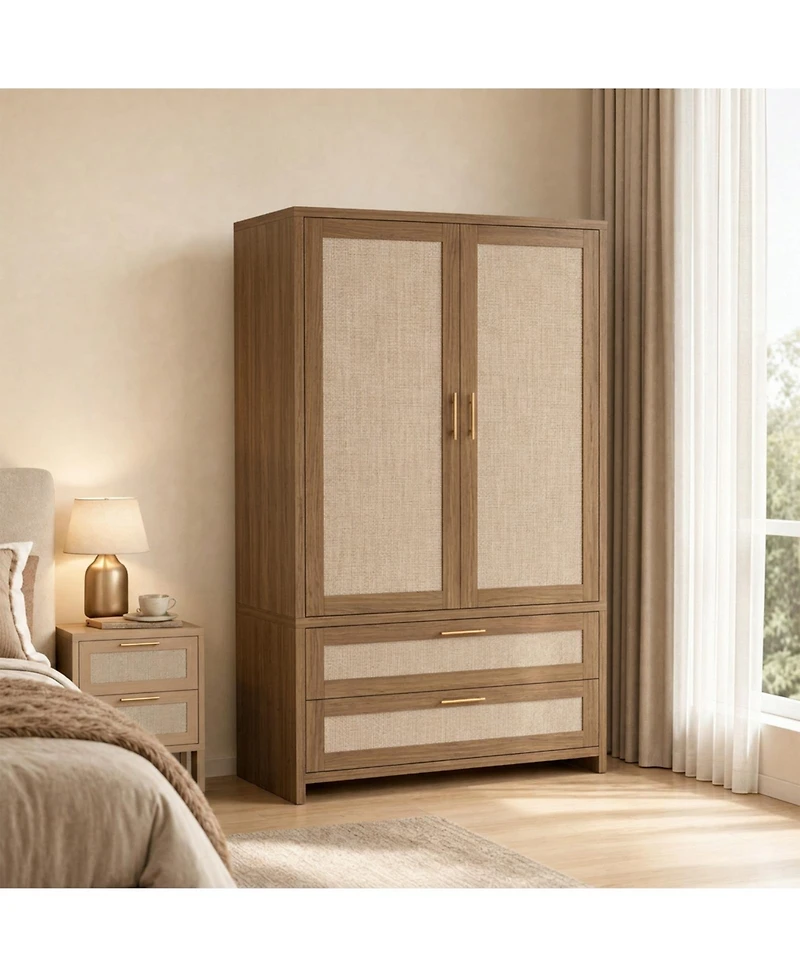 homfan Boho Rattan Wardrobe with Hanging Rod and Drawers