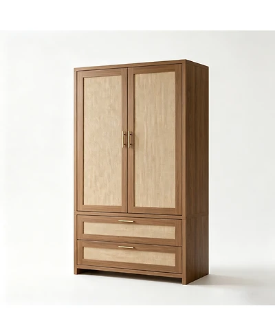 homfan Boho Rattan Wardrobe with Hanging Rod and Drawers