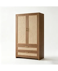 homfan Boho Rattan Wardrobe with Hanging Rod and Drawers