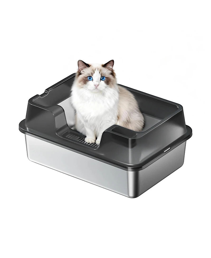 homfan Stainless Steel Enclosed Box with Lid, High-Sided Leak-Proof Pan for Large and Multi-Cat Homes, Non-Stick Odor Control, Easy Clean Scoop