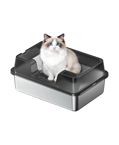 homfan Stainless Steel Enclosed Box with Lid, High-Sided Leak-Proof Pan for Large and Multi-Cat Homes, Non-Stick Odor Control, Easy Clean Scoop