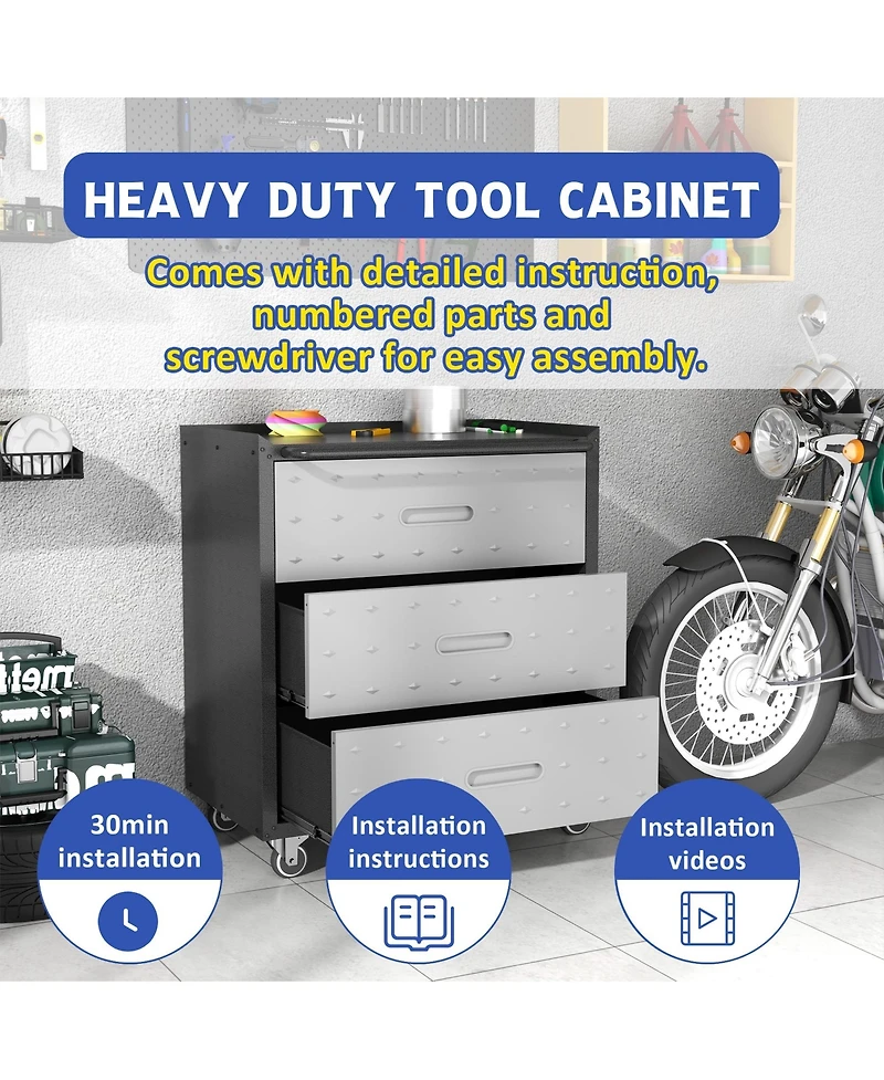 Boyel Living Rolling Tool Cabinet 3 Drawer Steel Lockable Casters Garage Organizer