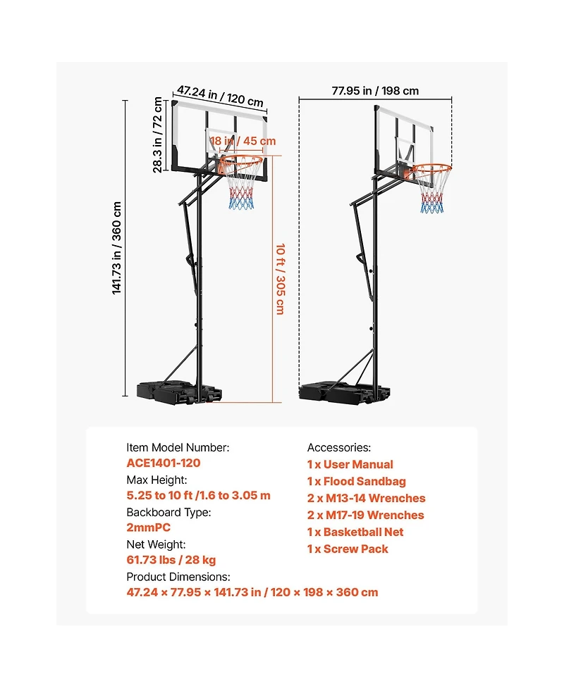 Sugift Portable Basketball Hoop 5.25 to 10 feet Height Adjustment with 48 in Pc Backboard and Wheels