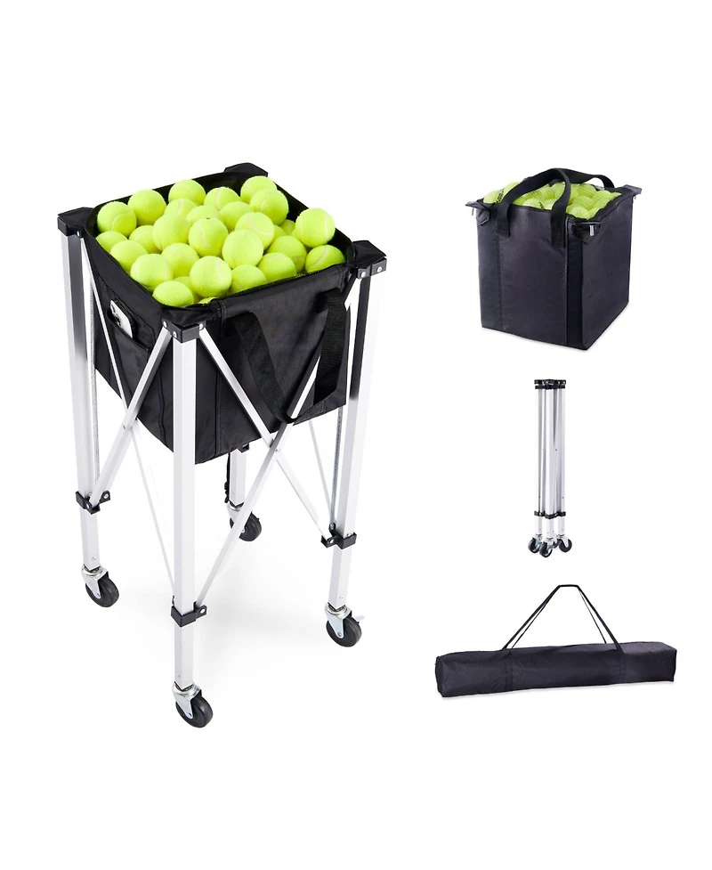 Sugift Foldable Tennis Ball Hopper Holds 150 Tennis Balls Aluminum Alloy Cart with Wheels Carry Bag