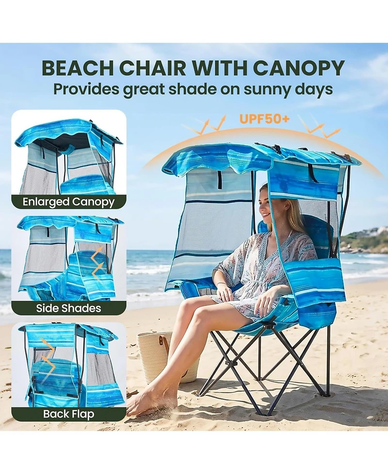 Mooncool Beach Chair with Canopy Shade Portable Folding Camping Cooler Bag and Cup Holder