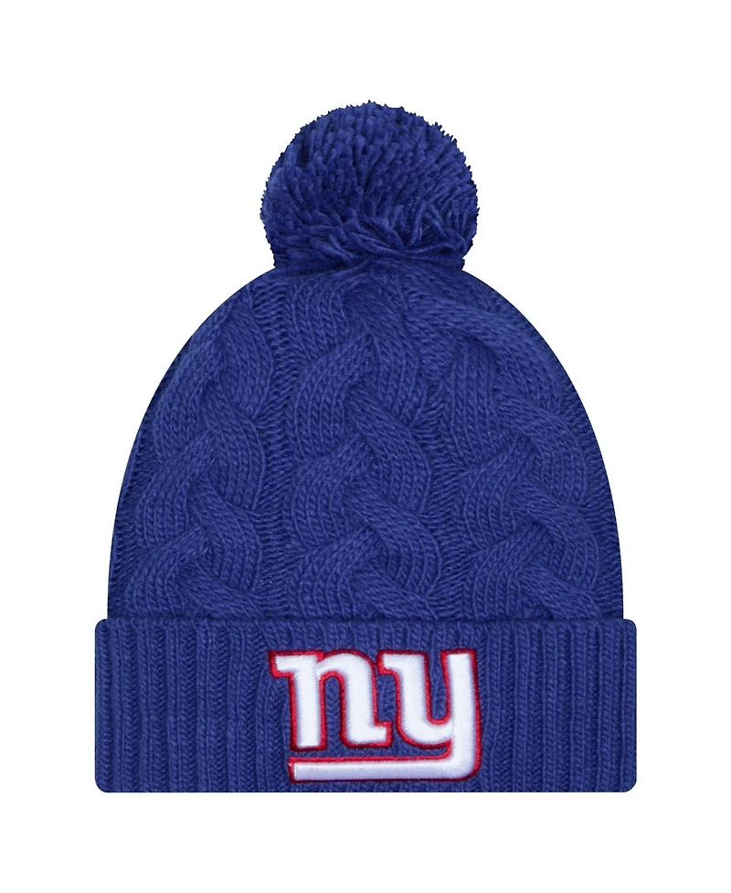 New Era Big Girls Royal New York Giants Cabled Cuffed Pom with Knit Hat