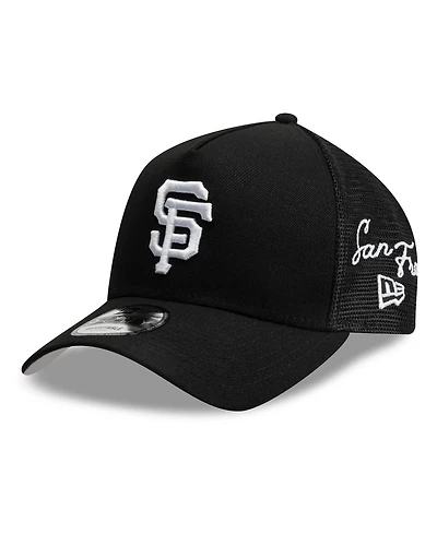 New Era Men's Black San Francisco Giants Side Script 9FORTY A-Frame Trucker Adjustable Hat