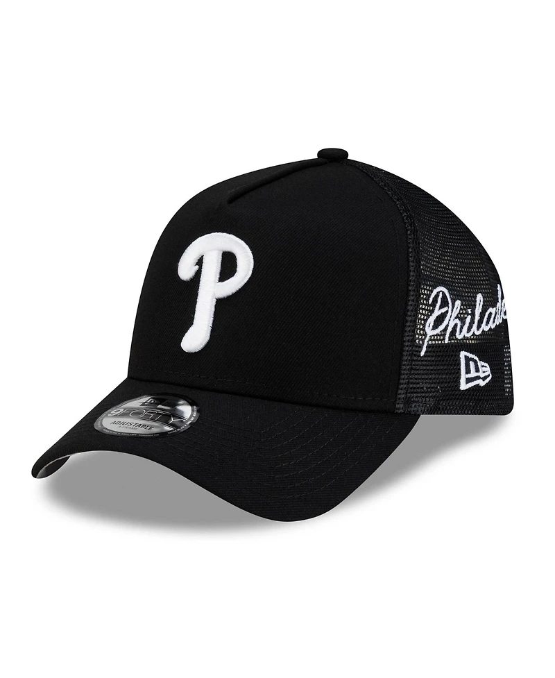 New Era Men's Black Philadelphia Phillies Side Script 9FORTY A-Frame Trucker Adjustable Hat