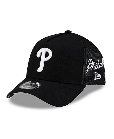 New Era Men's Black Philadelphia Phillies Side Script 9FORTY A-Frame Trucker Adjustable Hat