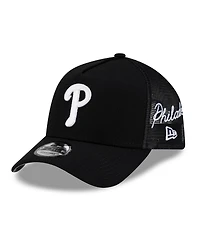 New Era Men's Black Philadelphia Phillies Side Script 9FORTY A-Frame Trucker Adjustable Hat