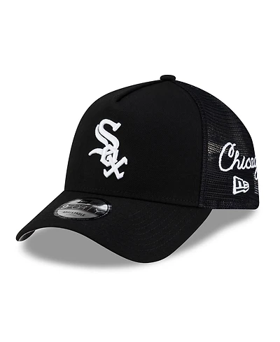 New Era Men's Black Chicago White Sox Side Script 9FORTY A-Frame Trucker Adjustable Hat