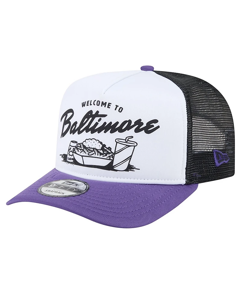 New Era Men's White/Purple Baltimore Ravens Foodie 9FIFTY A-Frame Trucker Snapback Hat