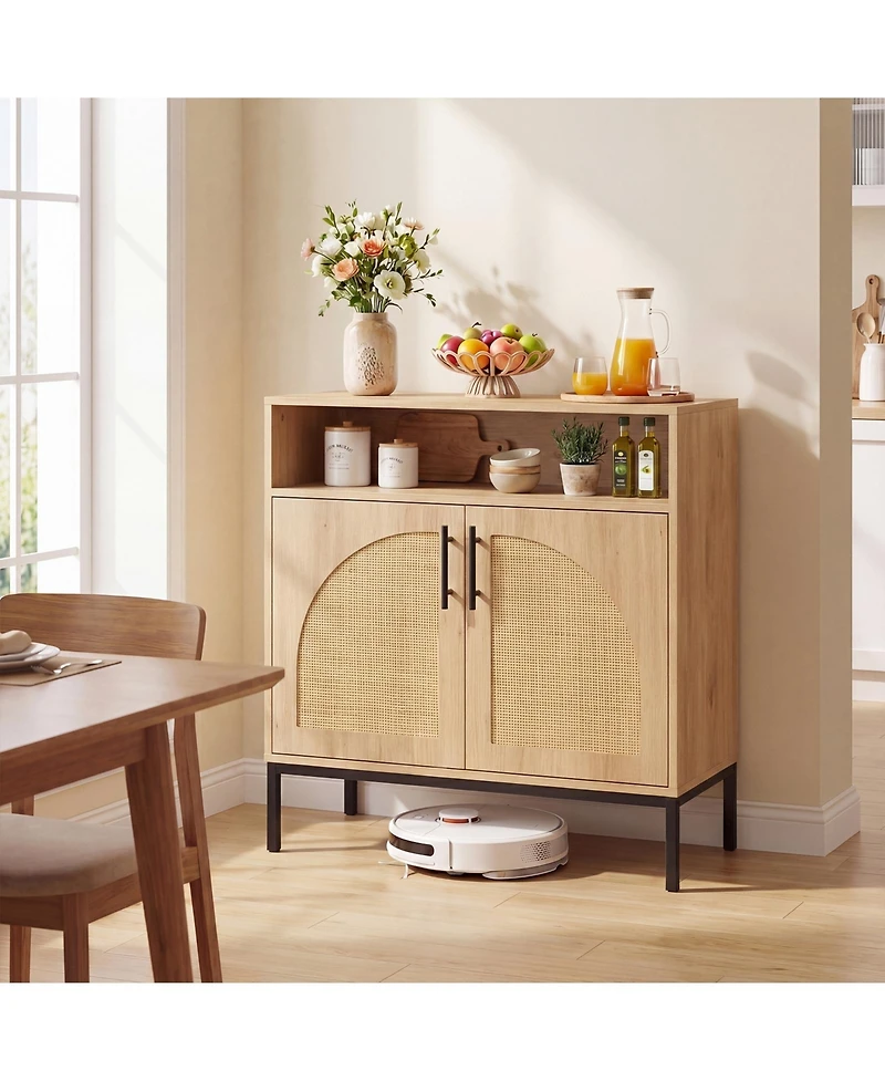 Costway Sideboard Buffet Cabinet with Rattan Decorated Doors, Adjustable Shelf